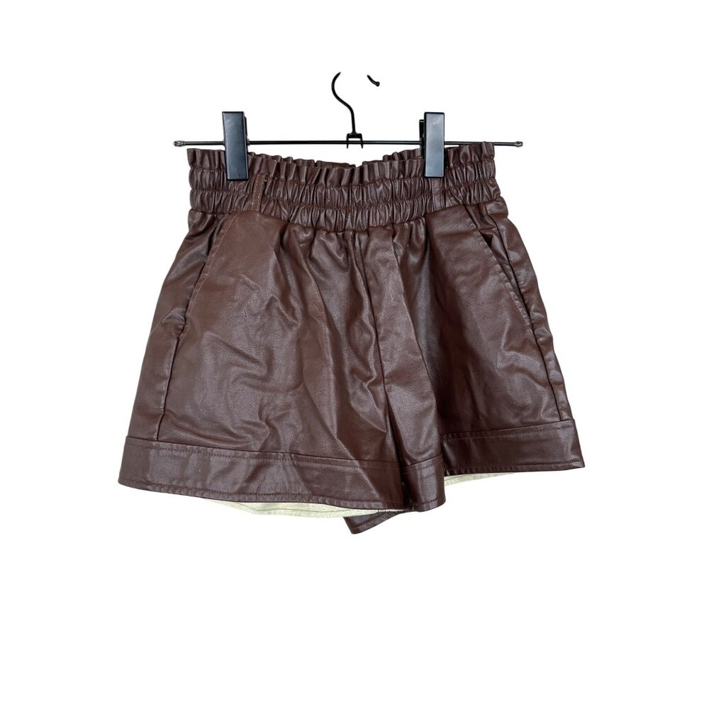Brown Faux Leather High-Waisted Shorts With Elastic Waistband & Pockets